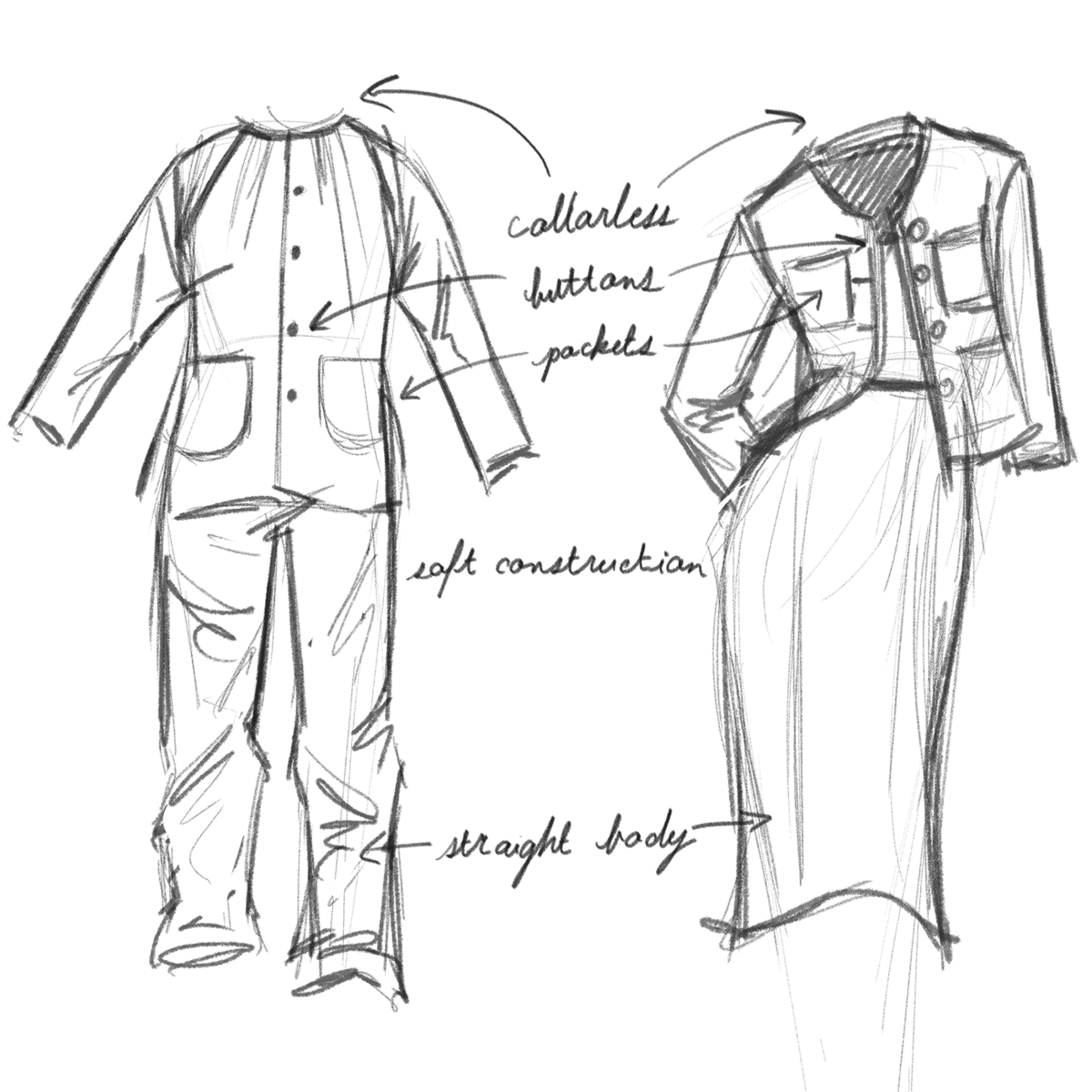 Sketch comparing the Ao Ba Ba and the Chanel suit