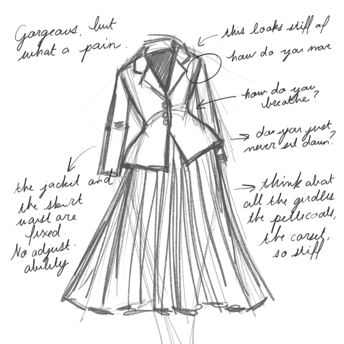 Sketch of a Dior New Look dress with a dramatically cinched waist