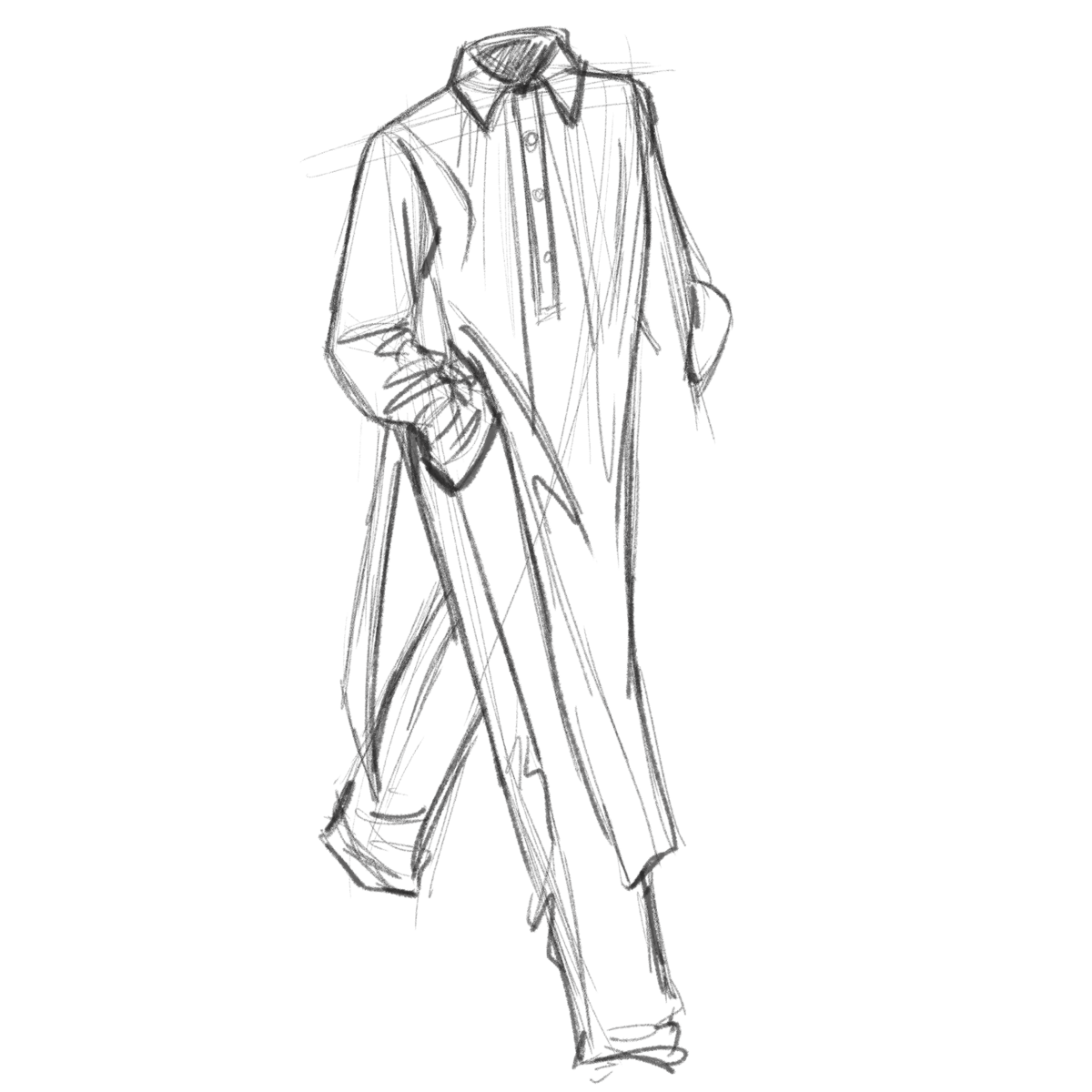 Sketch of a man wearing a garment blending the Ao Dai and a polo shirt