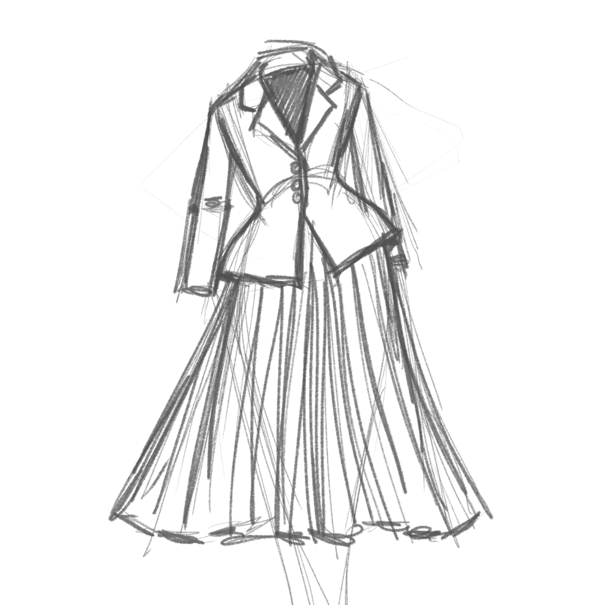 Sketch of a nipped-waist New Look suit with a structured skirt