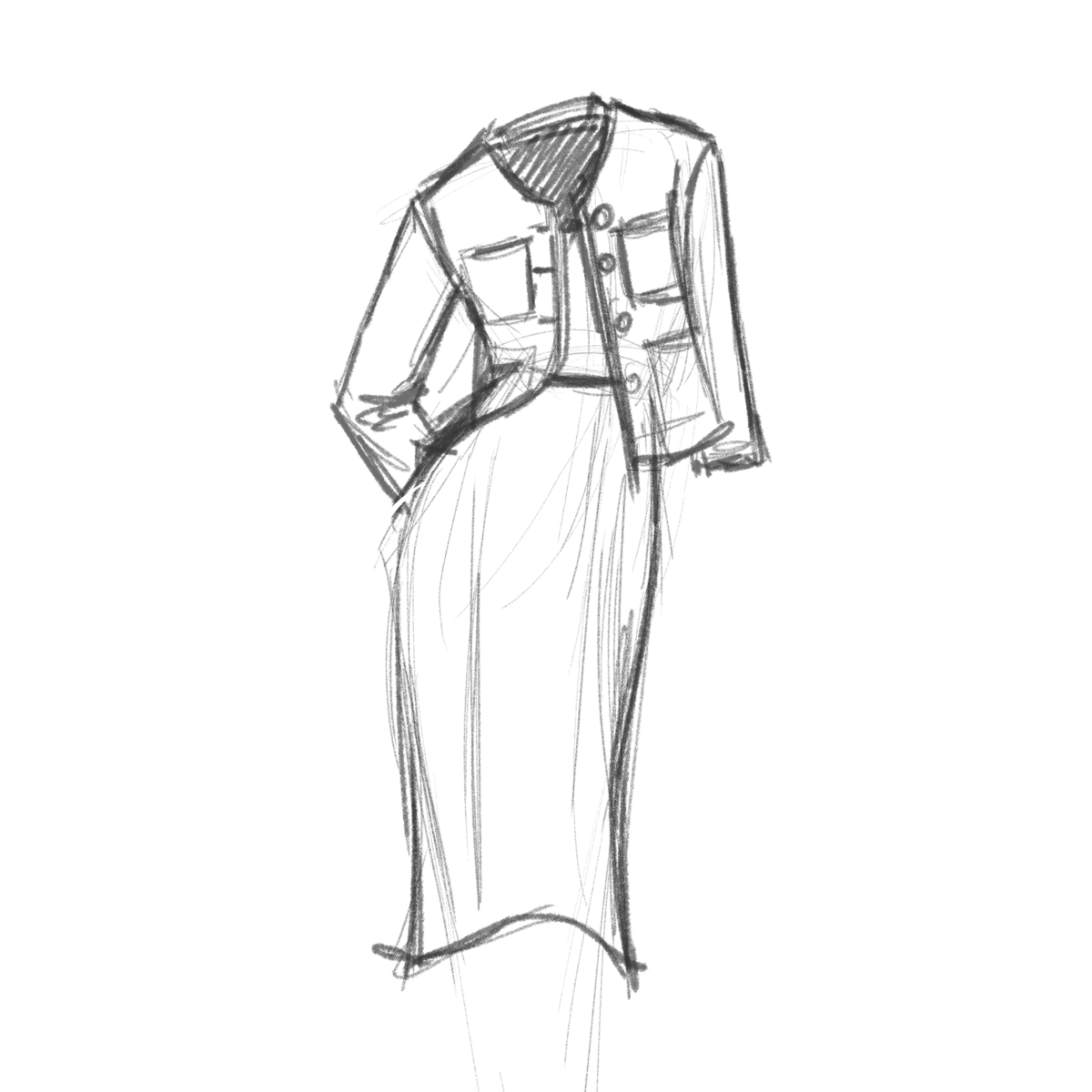 Sketch of a collarless tweed cardigan jacket and skirt on a figure